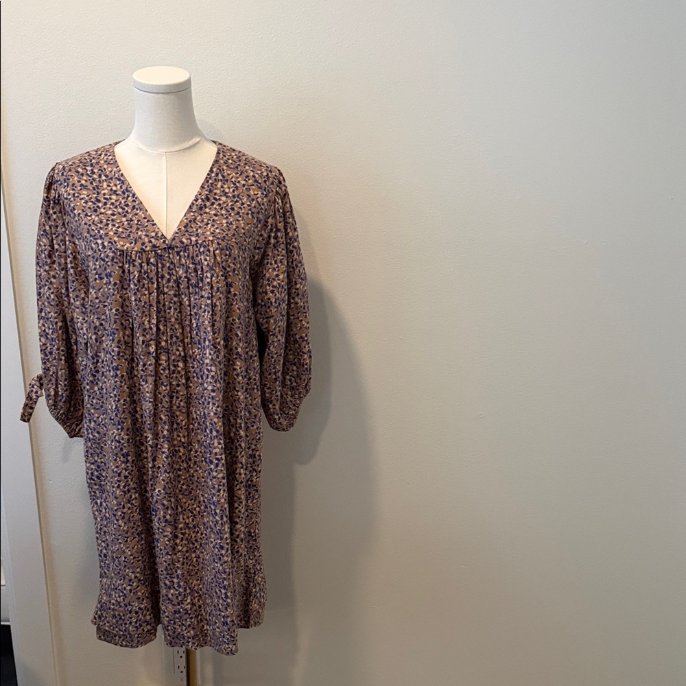 MIRTH Blue & Tan Floral Cotton V-Neck Dress with Pockets Sz S